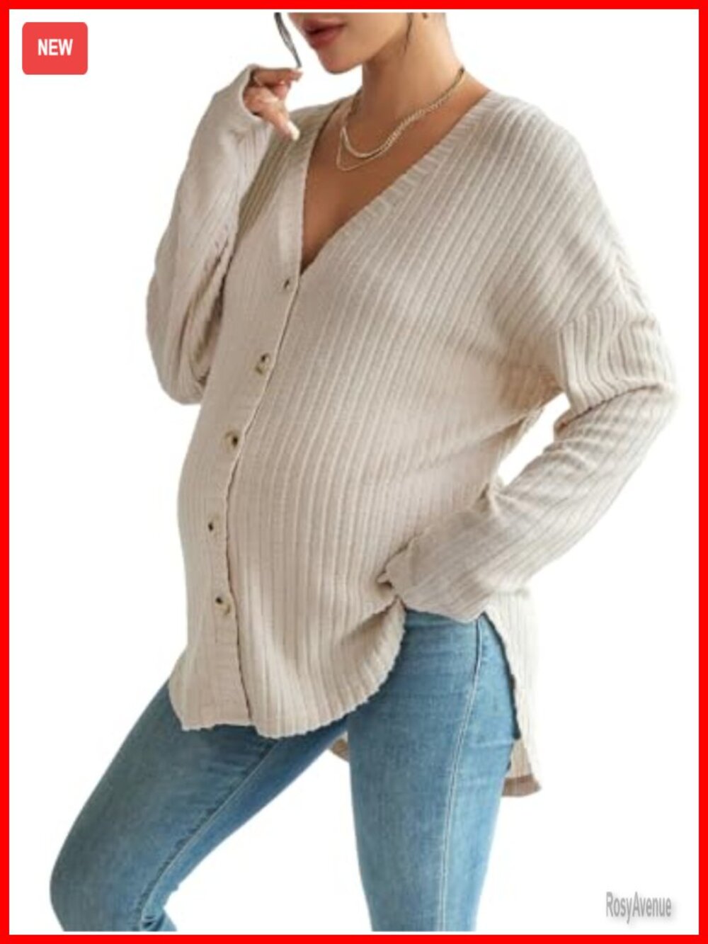 Maternity Knit Button Down Nursing Top Drop Shoulder Ribbed Long Sleeve